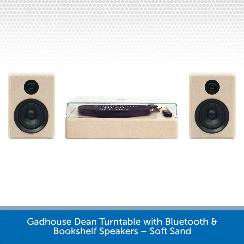 Gadhouse Dean turntable with Bluetooth and bookshelf speakers on a white background