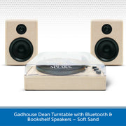 Gadhouse Dean turntable with Bluetooth and bookshelf speakers on a white background