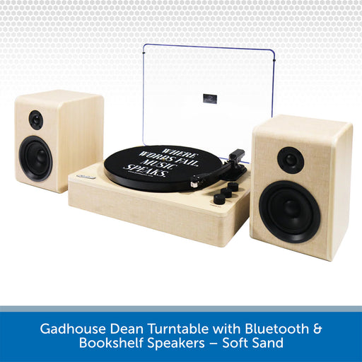 Gadhouse Dean turntable with Bluetooth and bookshelf speakers in soft sand color on a white background.