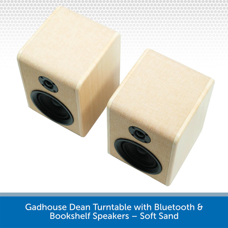 Pair of beige bookshelf speakers on a white background with text indicating brand and features.