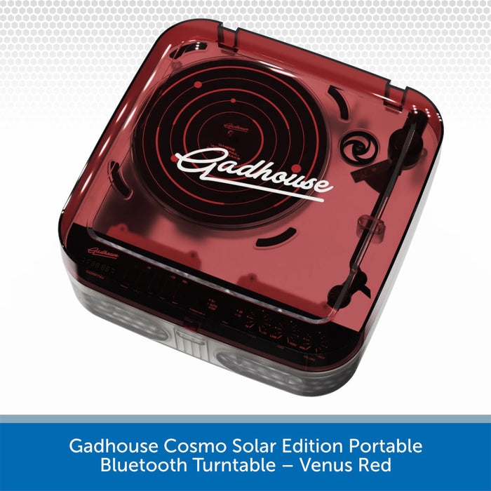Gadhouse Cosmo Solar Edition Portable Bluetooth Turntable in Venus Red on a white background