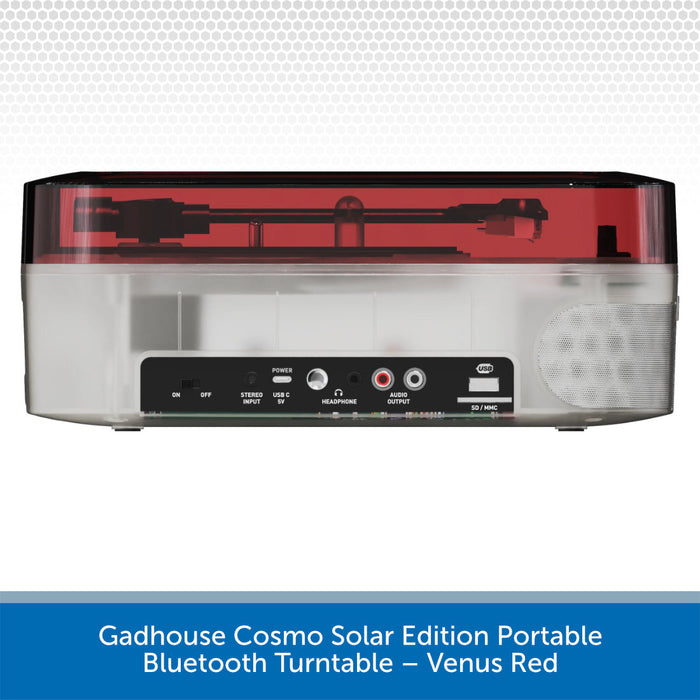 Gadhouse Cosmo Solar Edition Portable Bluetooth Turntable with red top on a white background