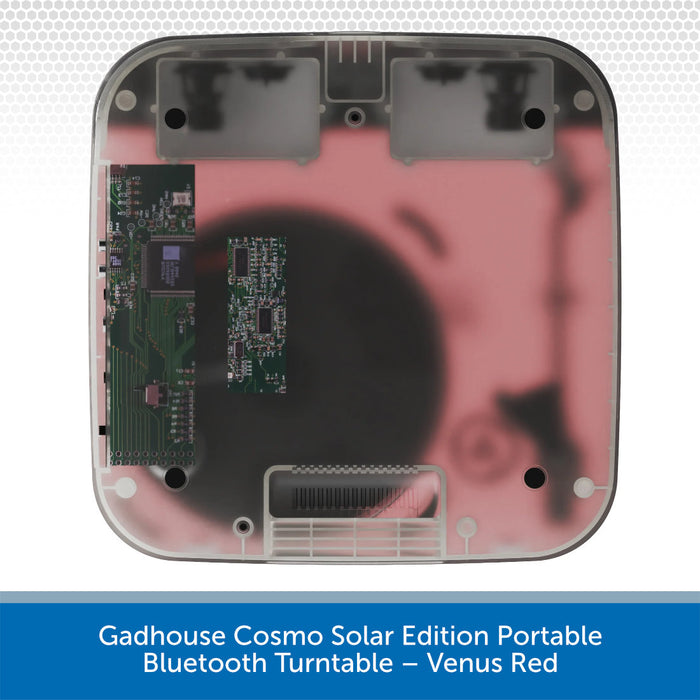 Back view of a Gadhouse Cosmo Solar Edition portable Bluetooth turntable with visible circuitry.