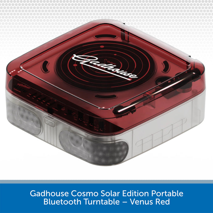 Gadhause Cosmo Solar Edition Portable Bluetooth Turntable in Venus Red on a white background