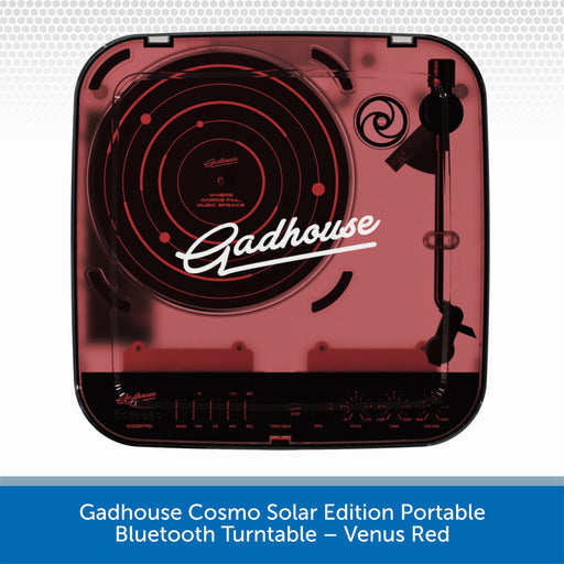 Gadhause Cosmo Solar Edition Portable Bluetooth Turntable in Venus Red on a light gray background