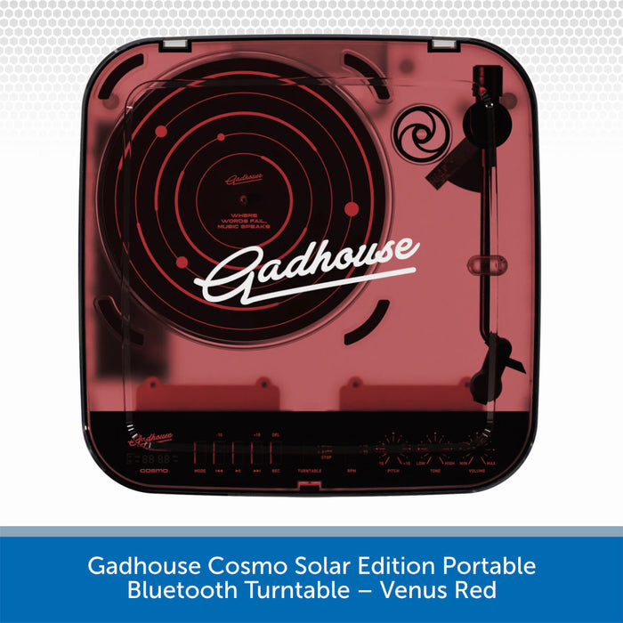 Gadhause Cosmo Solar Edition Portable Bluetooth Turntable in Venus Red on a light gray background