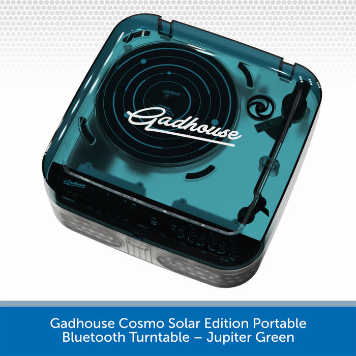 Gadhouse Cosmo Solar Edition Portable Bluetooth Turntable in Jupiter Green on a white background