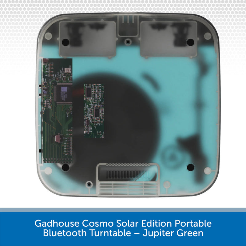 Gadhouse Cosmo Solar Edition Portable Bluetooth Turntable in Jupiter Green on a white background