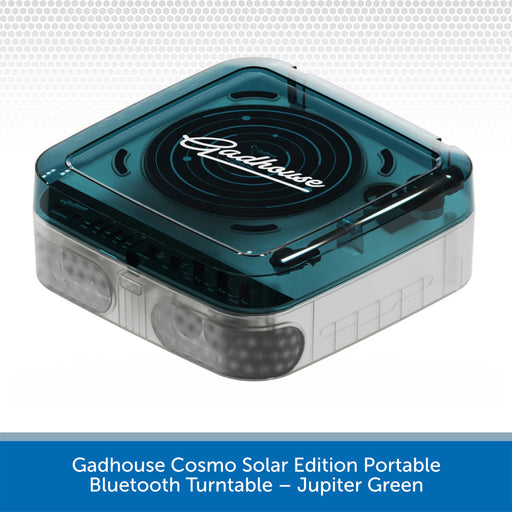 Gadhouse Cosmo Solar Edition Portable Bluetooth Turntable in Jupiter Green on a white background