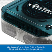 Gadhouse Cosmo Solar Edition Portable Bluetooth Turntable in Jupiter Green on a white background