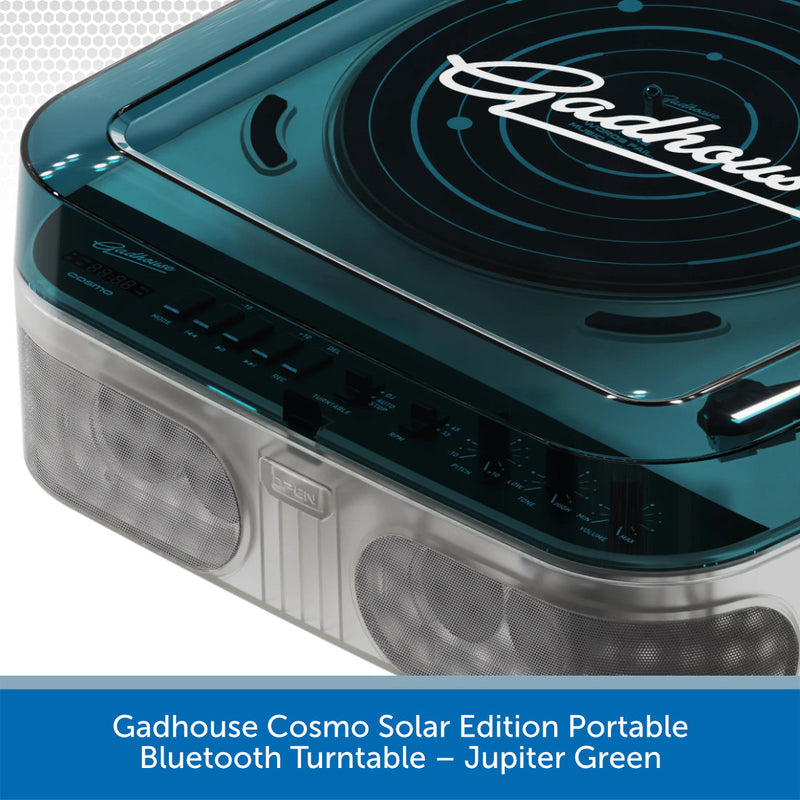 Gadhouse Cosmo Solar Edition Portable Bluetooth Turntable in Jupiter Green on a white background