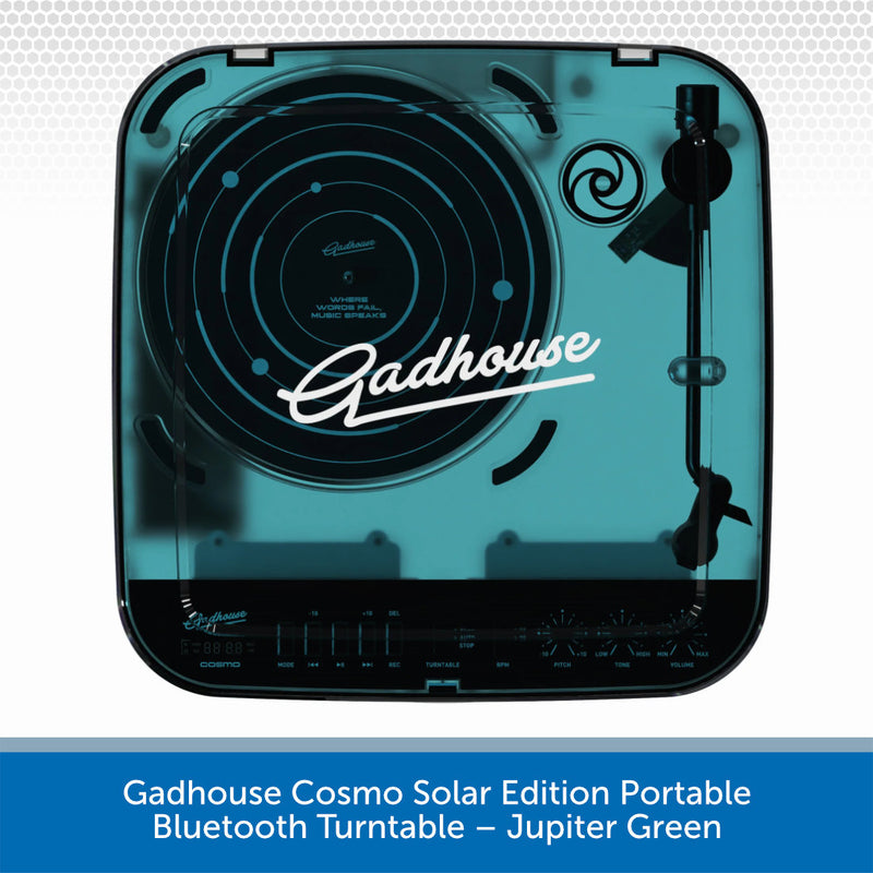 Gadhause Cosmo Solar Edition Portable Bluetooth Turntable in Jupiter Green on a white background