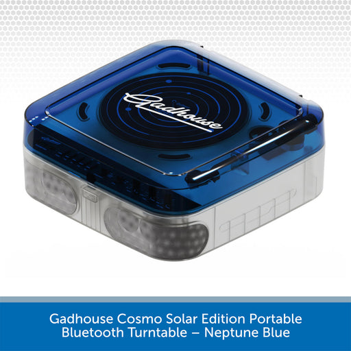 Gadhouse Cosmo Solar Edition Portable Bluetooth Turntable in Neptune Blue on a white background