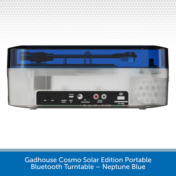 Gadhouse Cosmo Solar Edition Portable Bluetooth Turntable in Neptune Blue on a white background
