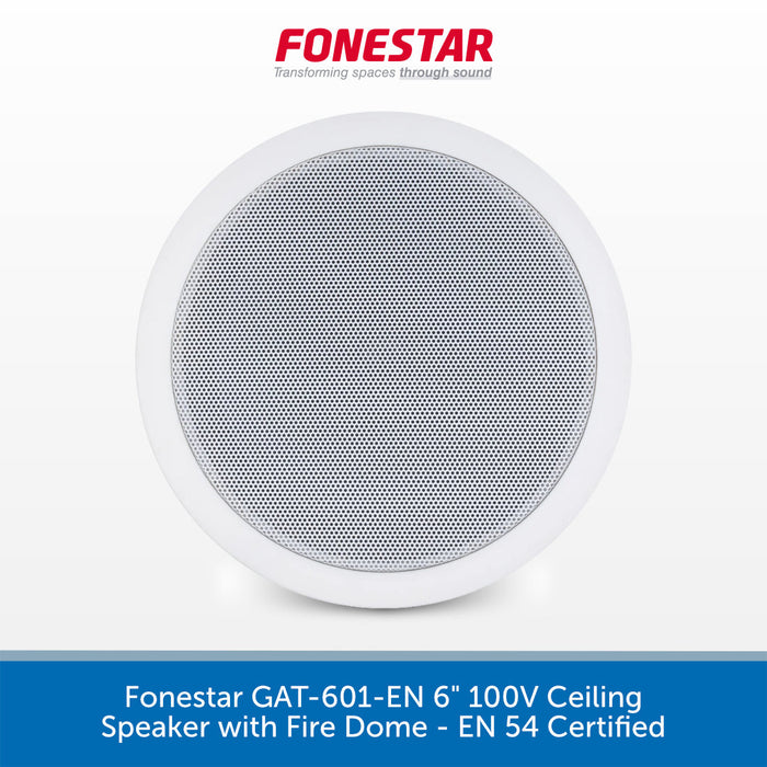A white circular ceiling speaker with a silver mesh grille, shown against a white background with the red Fonestar logo at the top and a blue text banner at the bottom.