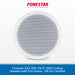 A white circular ceiling speaker with a silver mesh grille, shown against a white background with the red Fonestar logo at the top and a blue text banner at the bottom.