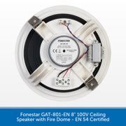 A circular back view of a ceiling speaker with visible internal components, wires, and a fire dome, shown on a white background with a blue text banner at the bottom.