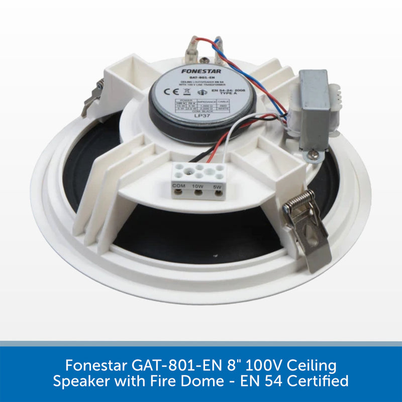 A 100V ceiling speaker by Fonestar, model GAT-801-EN, featuring a white fire-damaged outer rim, a black circular driver, white plastic internal supports, and attached wiring. A blue text banner at the bottom contains product specifications.