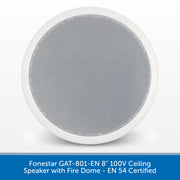 A circular white ceiling speaker with a gray mesh grille, shown against a white background with a blue text banner at the bottom.