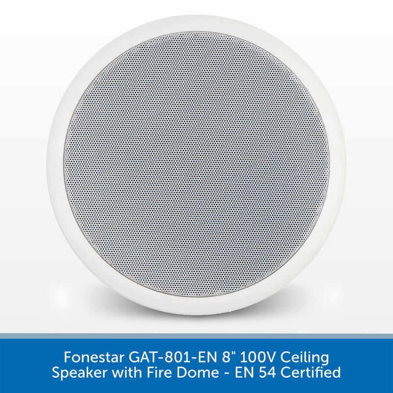 A circular white ceiling speaker with a gray mesh grille, shown against a white background with a blue text banner at the bottom.