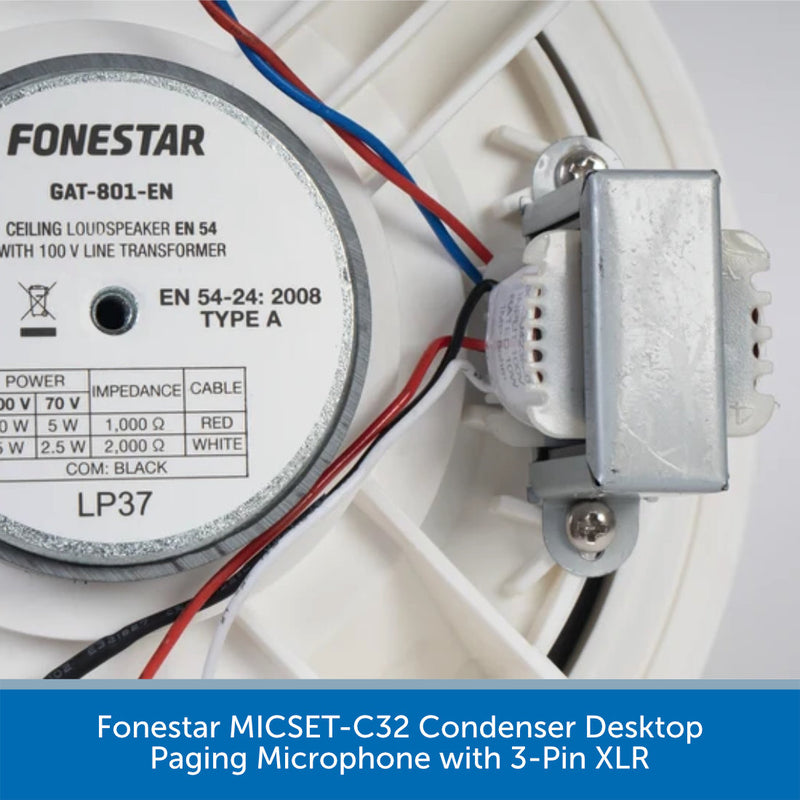 Close-up of a Fonestar GAT-801-EN ceiling loudspeaker and its connected power supply and wiring, with a blue text banner at the bottom identifying the product as a Fonestar MICSET-C32 Condenser Desktop Paging Microphone with 3-Pin XLR.