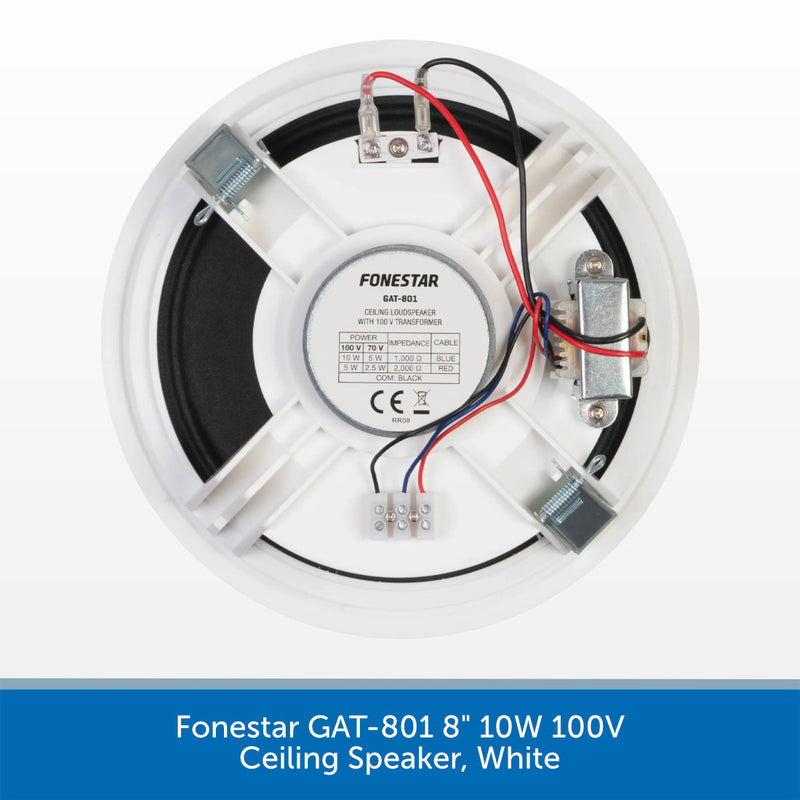 A white circular ceiling speaker shown from above on a white background, with a blue text banner at the bottom reading 'Fonestar GAT-801 8" 10W 100V Ceiling Speaker, White'. The speaker has visible internal black rings, red and black wires, metal terminal pieces, and small silver metal components.