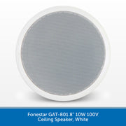 A white circular ceiling speaker with a gray mesh grille, shown against a white background with a blue text banner at the bottom identifying the model as Fonestar GAT-801 8" 10W 100V Ceiling Speaker, White.
