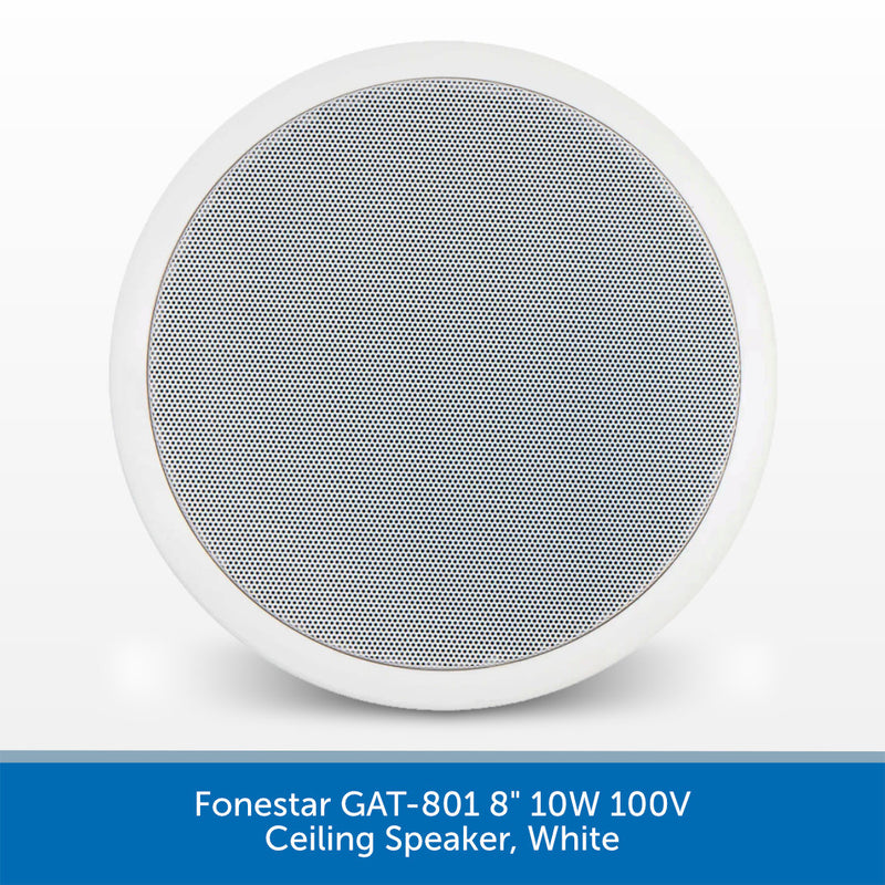 A white circular ceiling speaker with a gray mesh grille, shown against a white background with a blue text banner at the bottom identifying the model as Fonestar GAT-801 8" 10W 100V Ceiling Speaker, White.