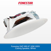 A white round ceiling speaker shown from an angled top view, revealing internal components including a copper-coiled driver and metal bracket. The brand name 'FONESTAR' is displayed at the top, and a blue text banner at the bottom identifies the model as 'Fonestar GAT-801 8" 10W 100V Ceiling Speaker, White'.