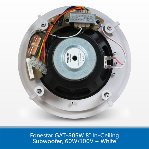 A white round in-ceiling subwoofer shown from the back, revealing internal components including a black speaker cone, wiring harness, and a central silver metal ring. A blue text banner at the bottom reads 'Foronestar GAT-80SW 8" In-Ceiling Subwoofer, 60W/100V – White'.