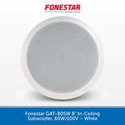 A white round in-ceiling subwoofer by Fonestar, shown from a front-facing perspective against a light gray background with a blue text banner at the bottom.