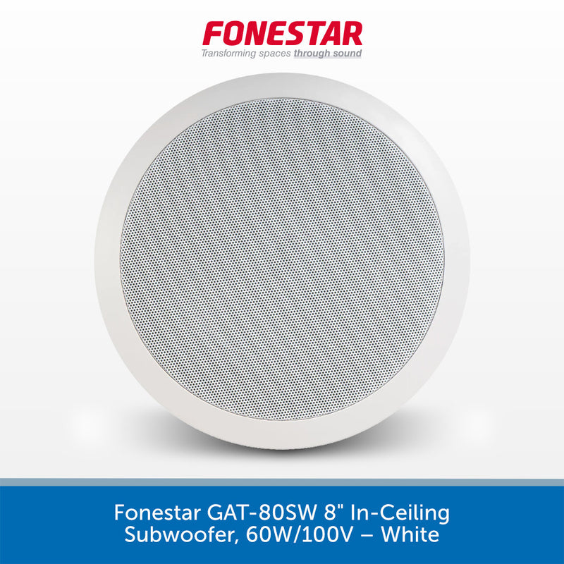 A white round in-ceiling subwoofer by Fonestar, shown from a front-facing perspective against a light gray background with a blue text banner at the bottom.