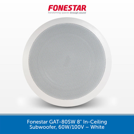 A white round in-ceiling subwoofer by Fonestar, shown from a front-facing perspective against a light gray background with a blue text banner at the bottom.