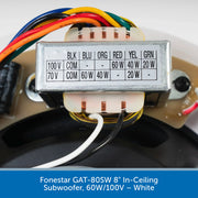 A close-up of a white rectangular subwoofer amplifier labeled with terminal color codes and power ratings, with multicolored wires attached, set against a dark circular background. A blue text banner at the bottom reads 'Funestar GAT-80SW 8" In-Ceiling Subwoofer, 60W/100V – White'.