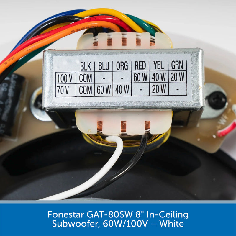 A close-up of a white rectangular subwoofer amplifier labeled with terminal color codes and power ratings, with multicolored wires attached, set against a dark circular background. A blue text banner at the bottom reads 'Funestar GAT-80SW 8" In-Ceiling Subwoofer, 60W/100V – White'.