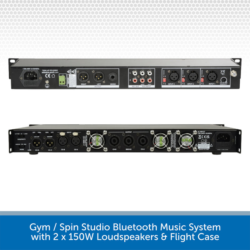 Gym / Spin Studio Bluetooth Music System Back of Amp and Mixer