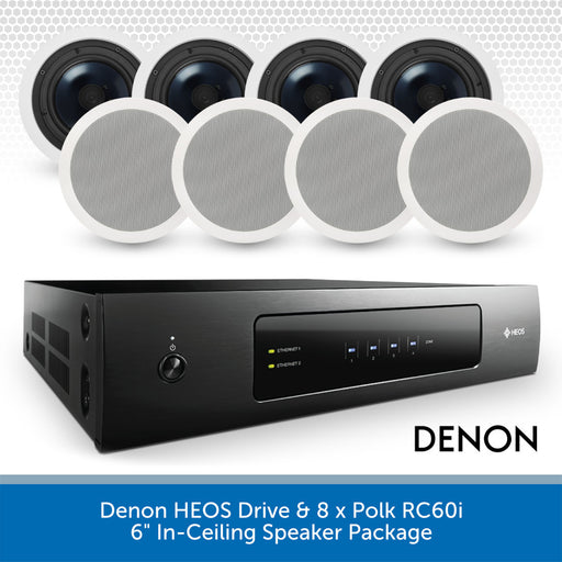 Denon HEOS Drive with Polk RC60i speakers on a white background