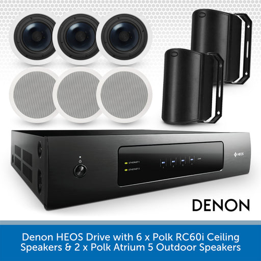 Denon HEOS Drive with Polk ceiling and outdoor speakers on a white background