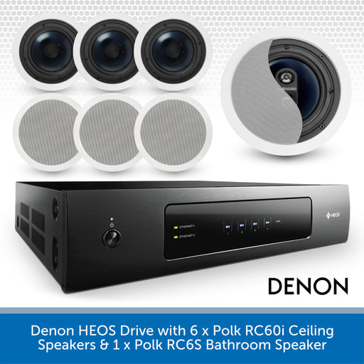 Denon HEOS Drive with ceiling and bathroom speakers on a white background