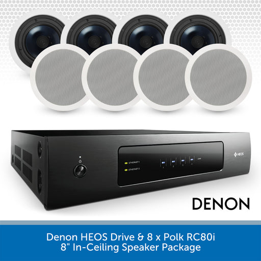 Denon HEOS Drive with Polk RC80i speakers on a white background