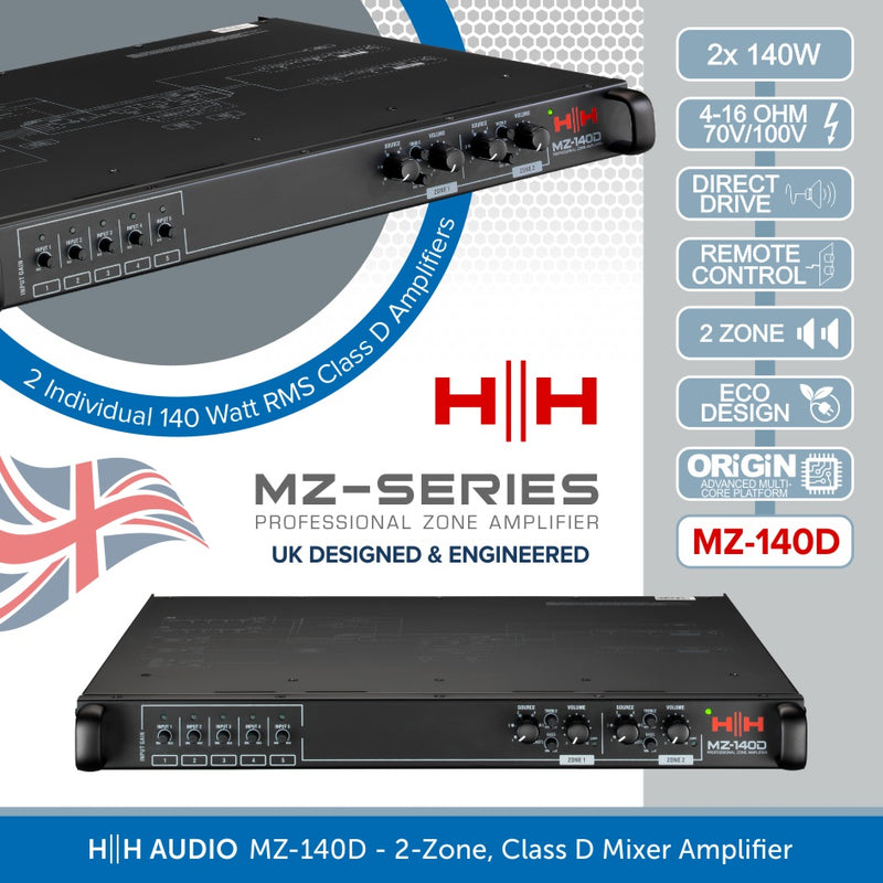 HH Audio MZ-140D 2-Zone Class D Mixer Amplifier, 2 x 140W, 100V Line/4 Ohm