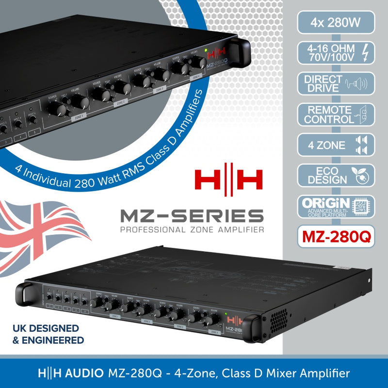 HH AUDIO MZ-280Q - 4-Zone, Class D Mixer Amplifier