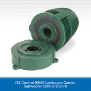 Green landscape garden subwoofer with text indicating model and specifications on a white background