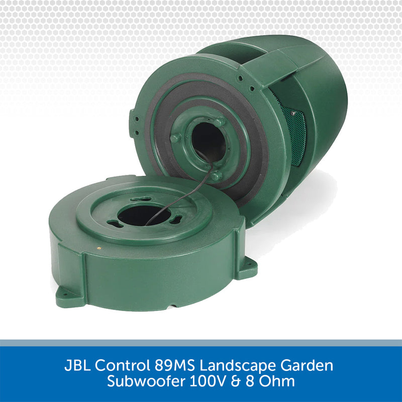 Green landscape garden subwoofer with text indicating model and specifications on a white background