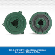 Two green JBL Control 89MS Landscape Garden Subwoofers on a white background with text at the bottom.
