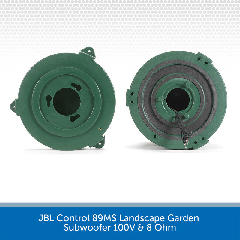 Two green JBL Control 89MS Landscape Garden Subwoofers on a white background with text at the bottom.