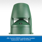 Green JBL landscape garden subwoofer on a white background