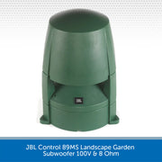 Green JBL landscape garden subwoofer on a white background