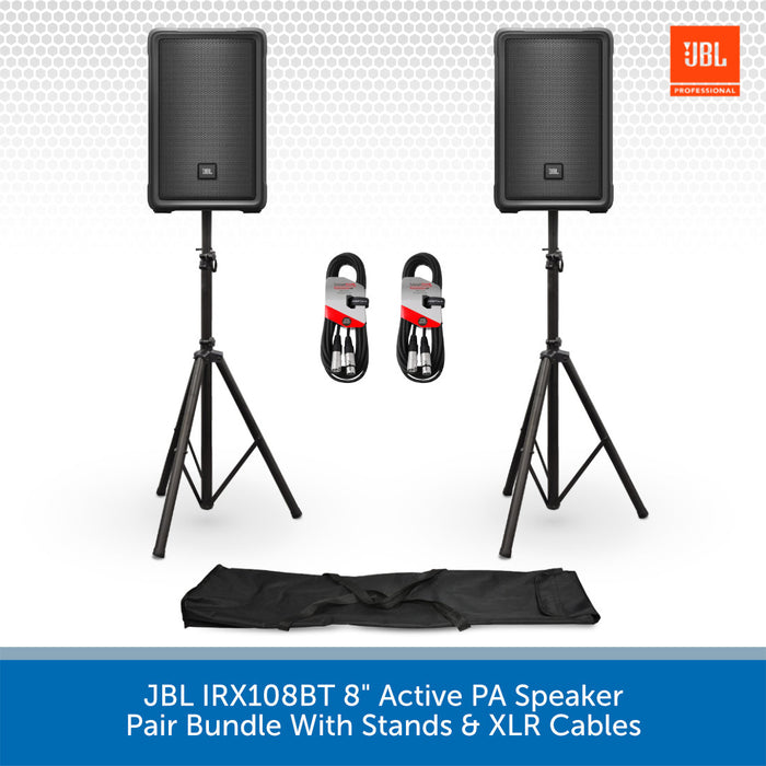 JBL IRX108BT 8" Active PA Speaker Pair Bundle With Stands & XLR Cables