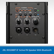 Control panel of a JBL IRX108BT 8" Active PA Speaker with Bluetooth on a white background.